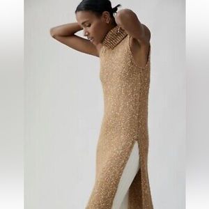 NWT Anthropologie Heathered Camel Tan Knit Cowl Neck Sleeveless Sweater Dress L